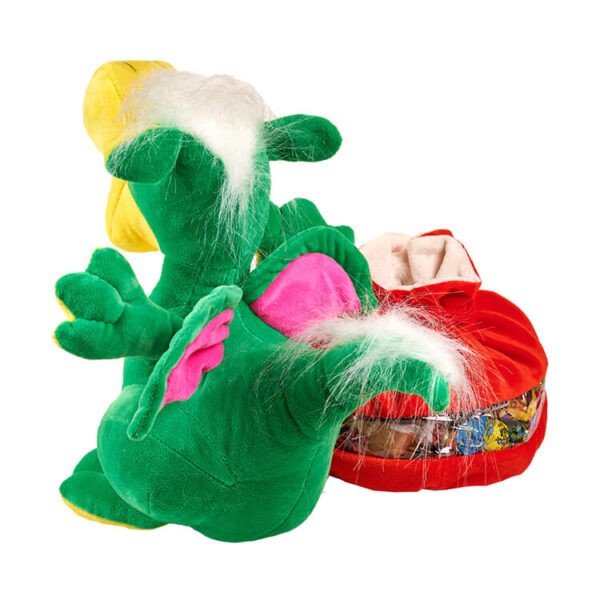 м’яка іграшка дракон зеленого кольору з червоним мішечком